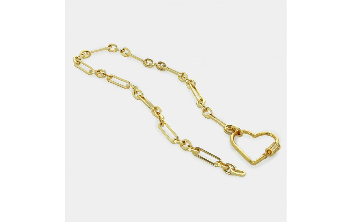 14K Yellow Gold Large Open Link Chain with Diamond Carabiner Necklace, 16